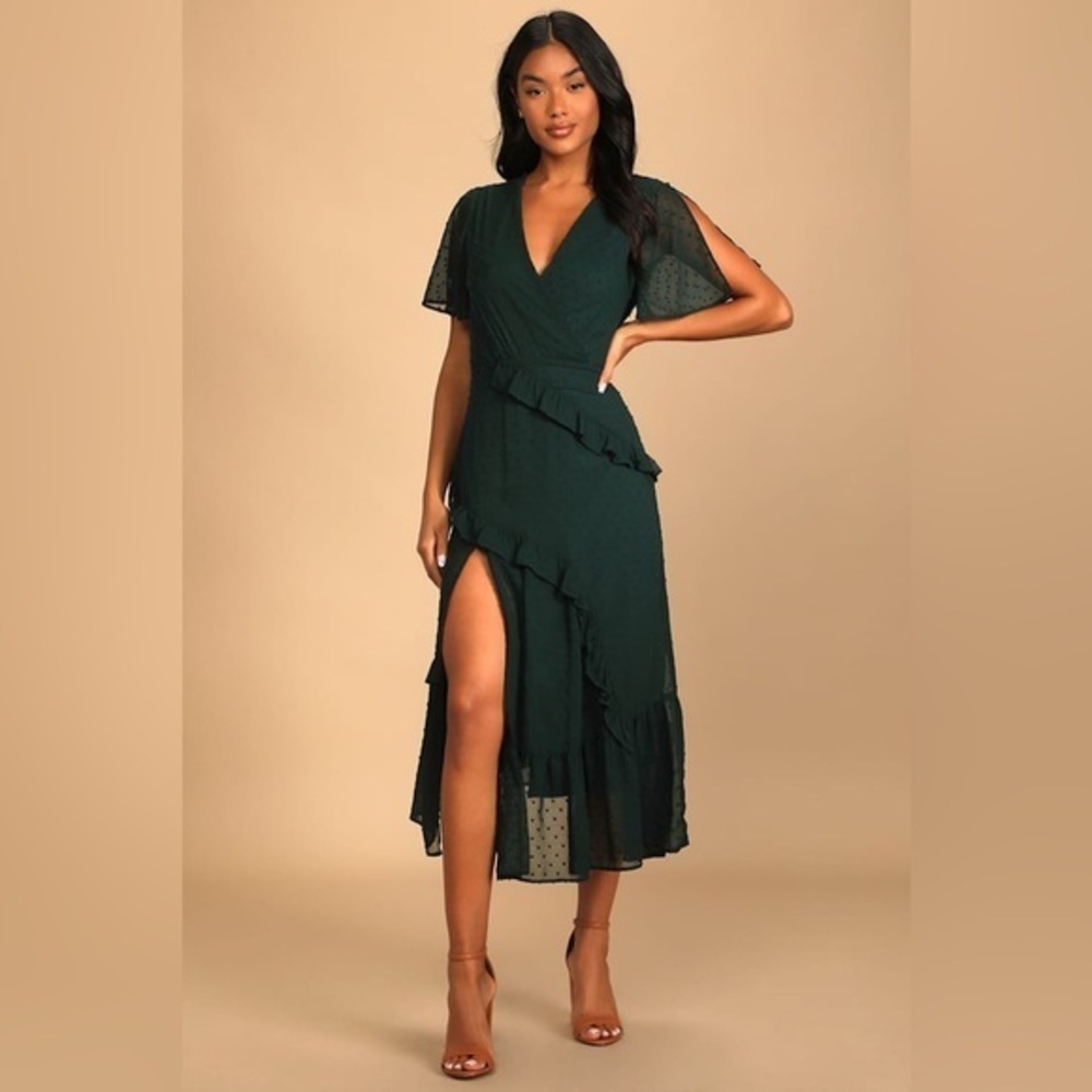 Lulu’s Next to You Emerald Green Swiss Dot Ruffled Midi Dress Size Small